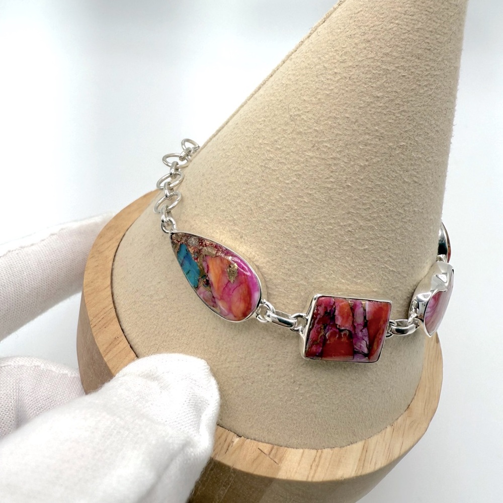 Pink Oyster Turquoise .925 Sterling Silver Bracelet - Picture 10 of 16